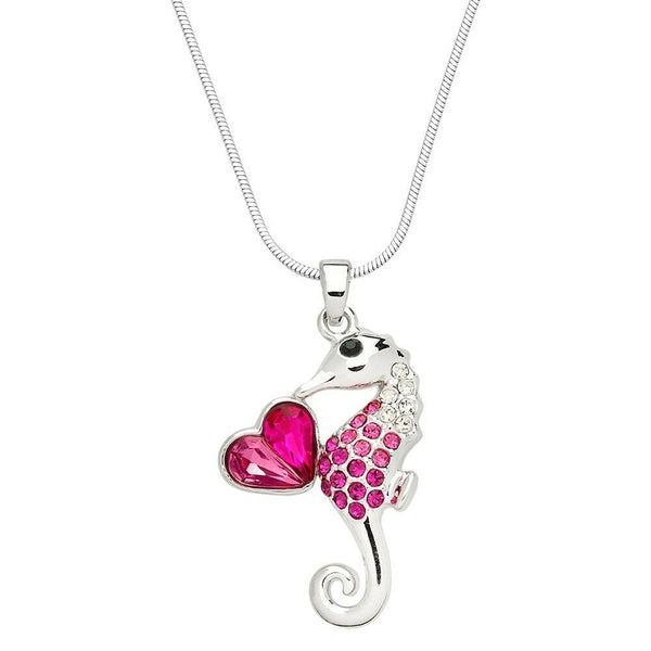 Sea Horse Necklace Rhinestone Crystal Heart Sea Life Beach SILVER PINK Beach - PalmTreeSky