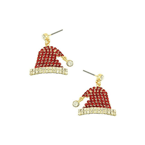 Santa Claus Hat Earrings Pave Stud Post Dangle Holiday Christmas Holly Gold Red - PalmTreeSky