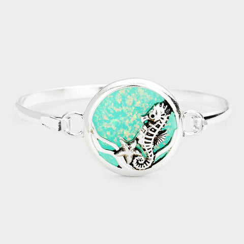 Sea Glass Bracelet Hook Bangle Sand Dollar Sea Horse Ocean Jewelry SILVER TURQ - PalmTreeSky