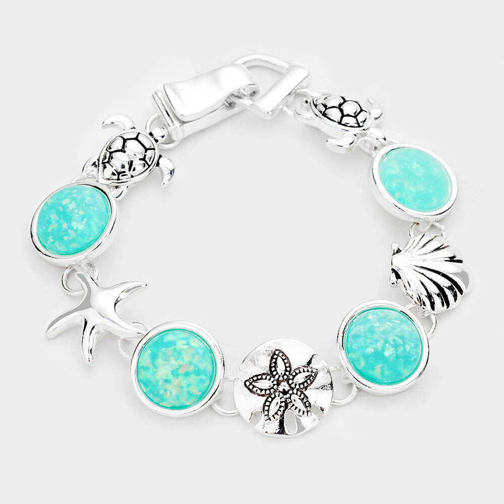 Sea Glass Bracelet Magnetic Closure Sea Life Shell Filigree Jewelry SILVER TURQ - PalmTreeSky