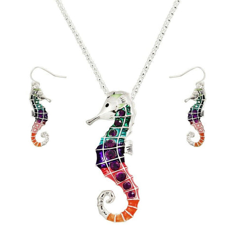 Sea Horse Necklace Pendant Set Mesh Chain Chunky SILVER MULTI Beach Jewelry - PalmTreeSky