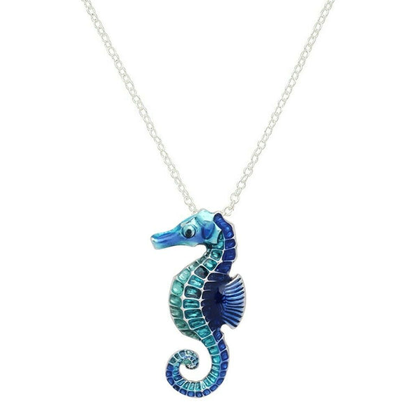 Sea Horse Necklace Charm Sea Life Seahorse Beach Surfer Animal SILVER BLUE - PalmTreeSky