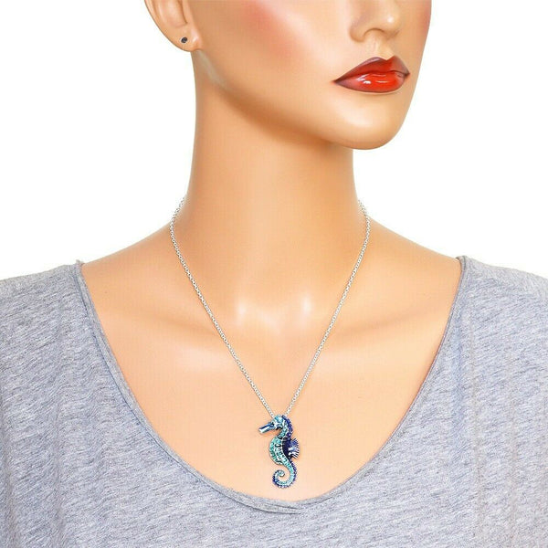 Sea Horse Necklace Charm Sea Life Seahorse Beach Surfer Animal SILVER BLUE - PalmTreeSky