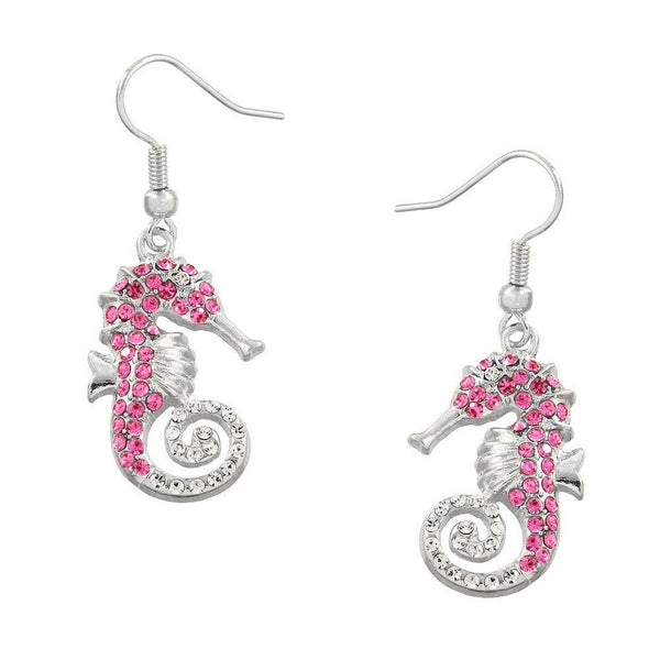 Sea Horse Earrings Pave Rhinestones Drop Dangle SILVER PINK Beach Surfer Jewelry - PalmTreeSky