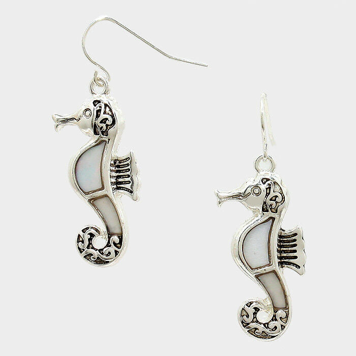 Sea Horse Earrings Sealife Mother of Pearl SILVER 1.5" Drop Beach Surfer Jewelry - PalmTreeSky