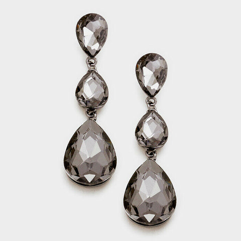 Rhinestone Earrings Long 3 Teardrops GUNMETAL BLACK 3"Drop Wedding Evening Bride - PalmTreeSky