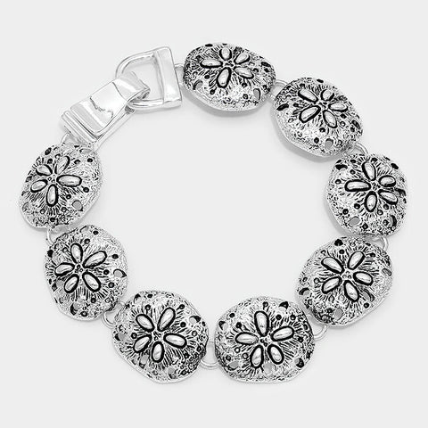 Sand Dollar Bracelet Chain Link Magnetic Clasp Textured SILVER Beach Jewelry - PalmTreeSky