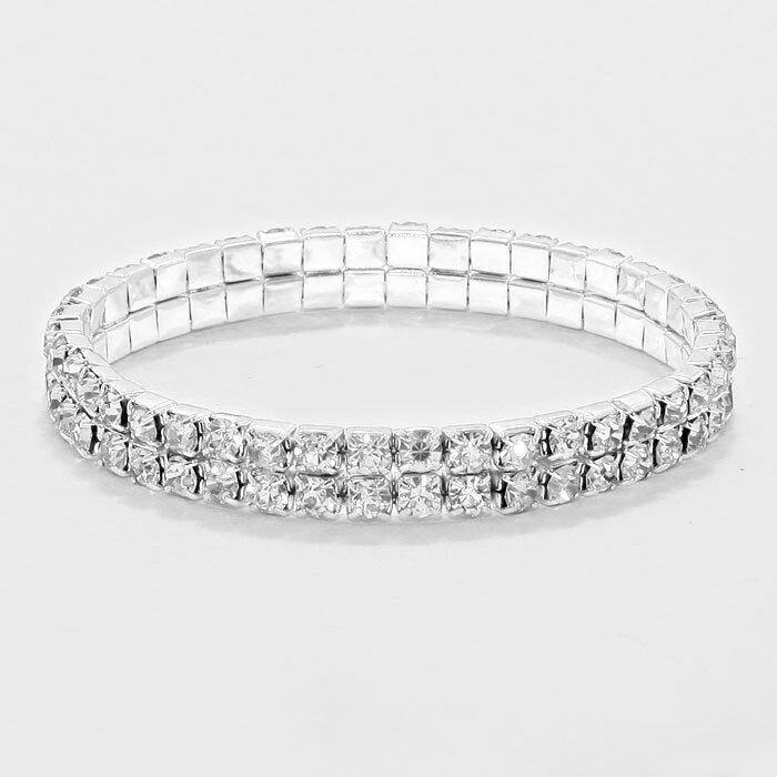 Rhinestone Bracelet 2 Row Wide Stretch Bangle Crystal Pave Wedding Bride SILVER - PalmTreeSky