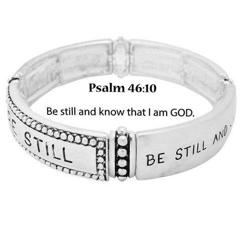 Psalm 46:10 Bracelet Stretch Religious Bangle Burnished Silver Prayer Be Still - PalmTreeSky