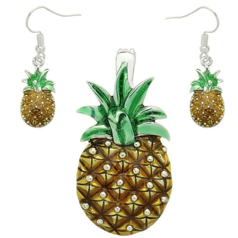 Pineapple Pendant SET Earrings Metal Studed Leaf Fruit Welcome Pendant GOLD YEL - PalmTreeSky