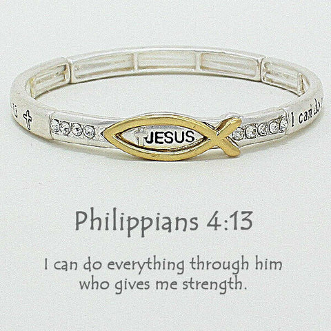 Philippians 4:13 Bracelet Prayer SIL GLD Cross Faith Stretch Bangle Bible Verse - PalmTreeSky