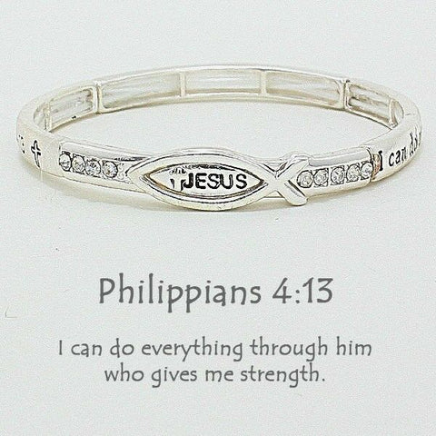 Religious Bangle Bracelet SILVER Stretch Philippians 4:13 Prayer Faith Jewelry - PalmTreeSky