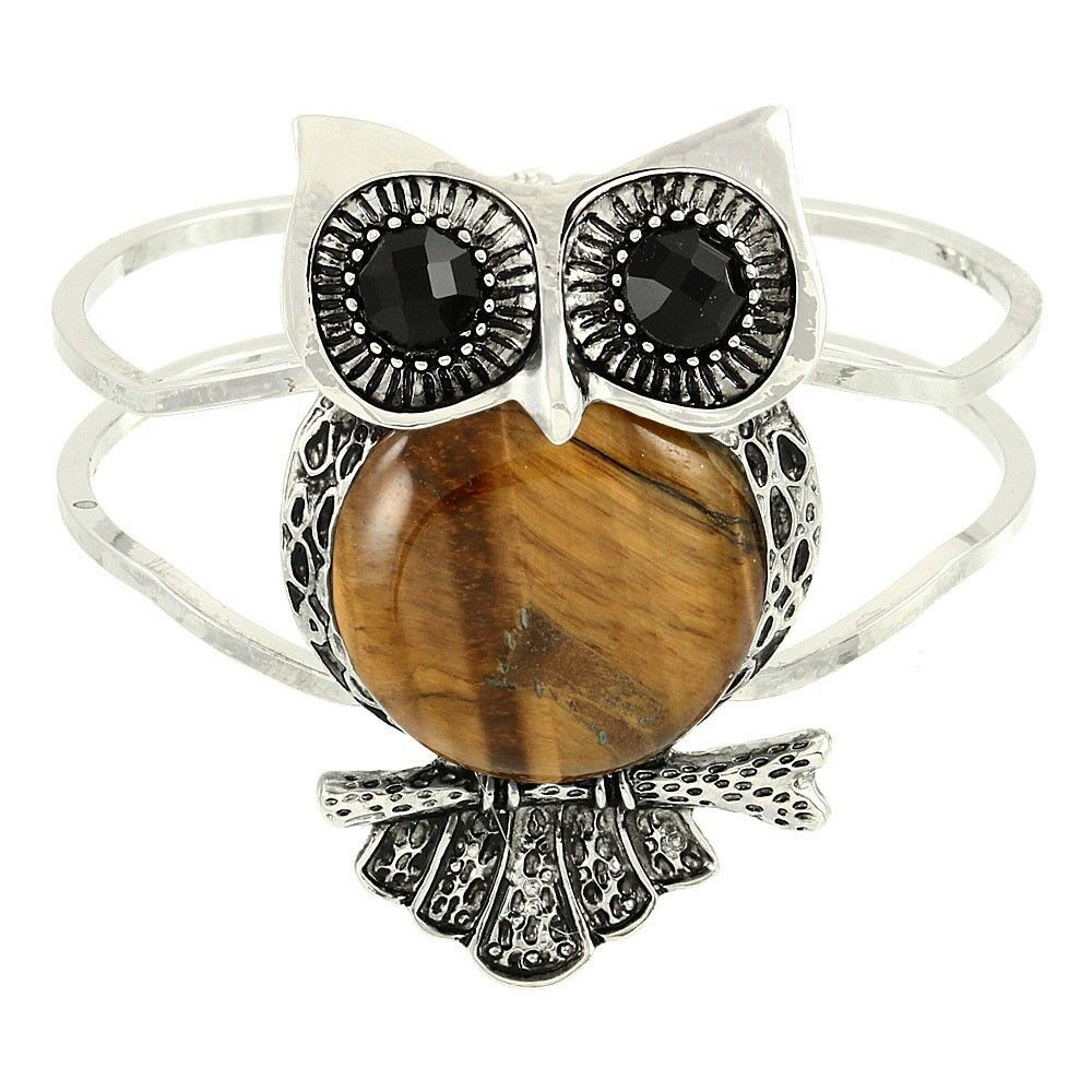 Owl Bracelet Hinge Bangle Double Metal Bar SILVER Brown Crystal Eye 2.5" Charm - PalmTreeSky