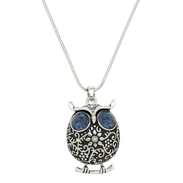 Owl Necklace Pendant Wisdom Flower Swirl Metal Filigree SILVER BLUE Eyes Crystal - PalmTreeSky