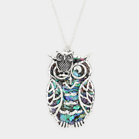 Owl Necklace Long Chain Abalone Shell Filigree Swirl Wisdom 2.5" Pendant SILVER - PalmTreeSky