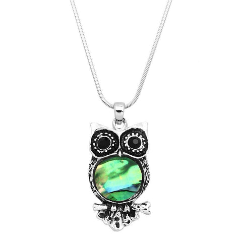 Owl Necklace Pendant Wisdom Plain Wisdom Pendant Metal SILVER Abalone Shell Sea - PalmTreeSky