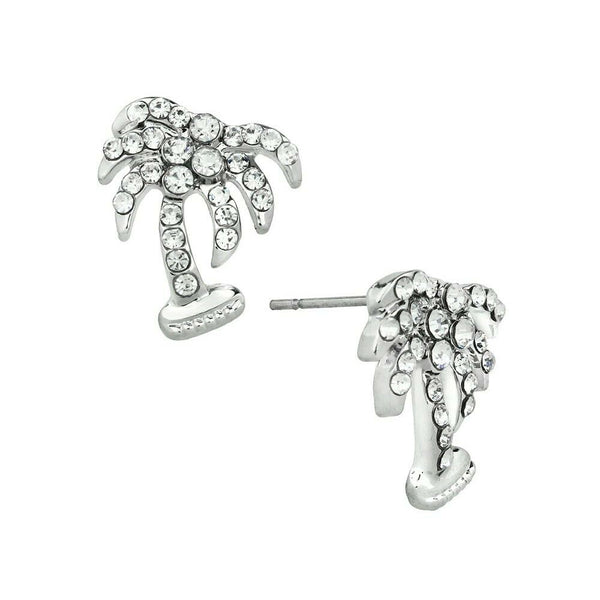 Palm Tree Earrings Beach Rhinestone Small Stud Post SILVER Tropical Leaf Jewelry - PalmTreeSky