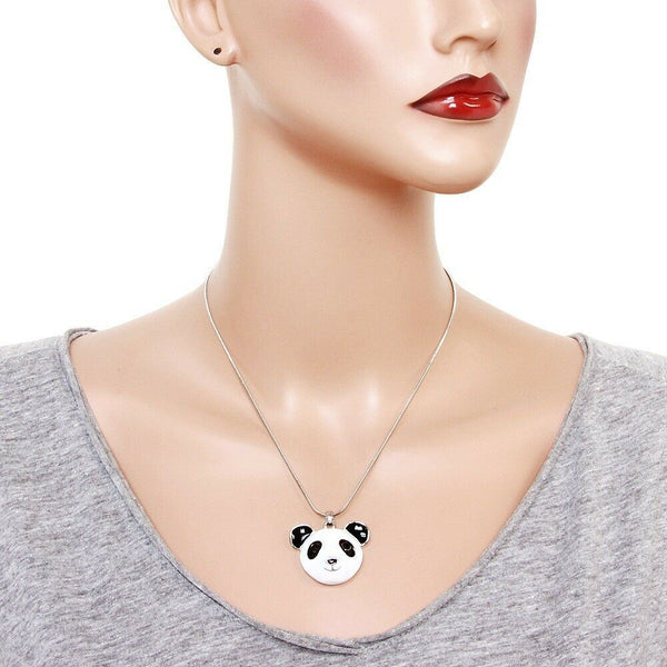 Panda Necklace Pendant Bear Bamboo Tree Leaf Zoo Enamel Face Eyes BLACK WHITE - PalmTreeSky