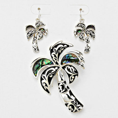 Palm Tree Pendant Earrings SET Starfish Filigree SILVER ABALONE SHELL Jewelry - PalmTreeSky