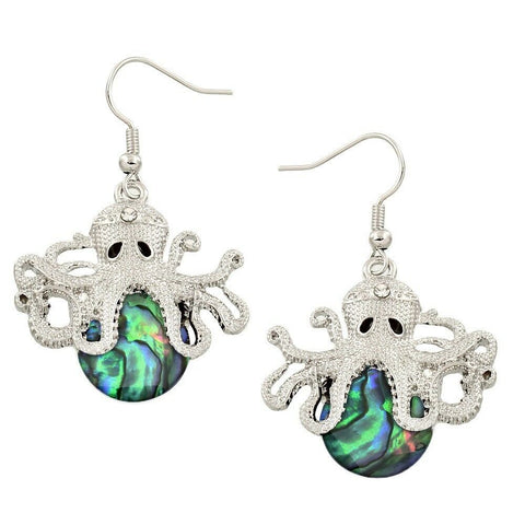 Octopus Earrings Metal Pendant Abalone Shell Silver Beach Surfer Sea Life Sand - PalmTreeSky