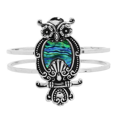 Owl Bracelet Hinge Bangle Double Metal Bar SILVER Abalone Shell Filigree Eyes - PalmTreeSky