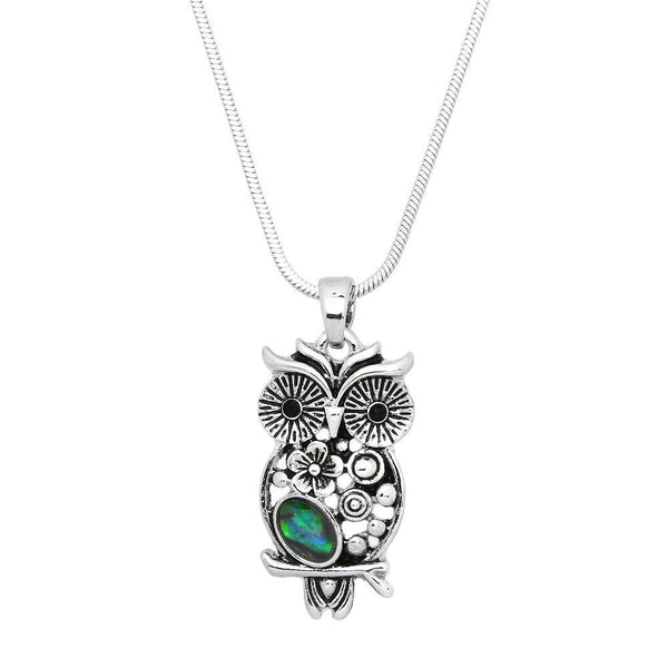 Owl Necklace Pendant Wisdom Flower Wisdom Filigree Metal SILVER Abalone Shell - PalmTreeSky