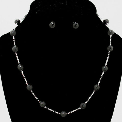 Pearl Necklace SET Studs Thin Chain Link Station Satellite Metal Simple BLACK - PalmTreeSky