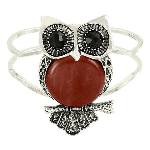 Owl Bracelet Hinge Bangle Double Metal Bar SILVER Red Crystal Eye 2.5" Charm - PalmTreeSky