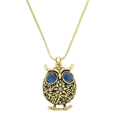 Owl Necklace Pendant Wisdom Flower Swirl Metal Filigree GOLD BLUE Eyes Crystal - PalmTreeSky