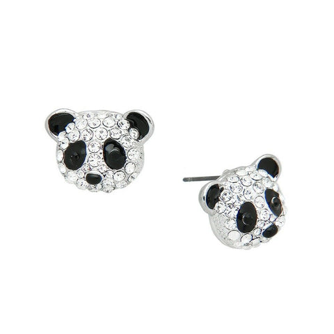 Panda Earrings Pave Rhinestone Bear Animal Bamboo Tree Stad Post SILVER Jewelry - PalmTreeSky