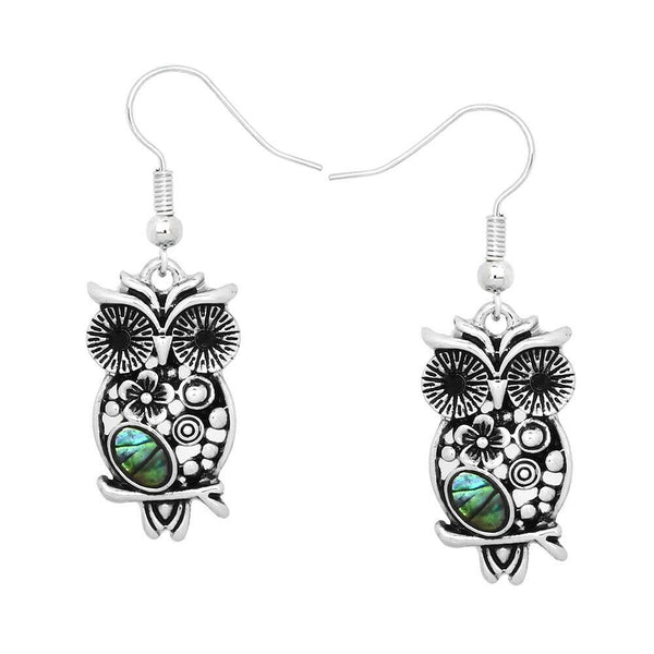 Owl Earrings Flower Filigree Abalone Shell Metal Drop Dangle SILVER Tree Jewelry - PalmTreeSky