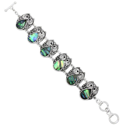 Owl Bracelet Toggle Chain Link Wisdom Eyes Teardrop Metal SILVER Abalone Shell - PalmTreeSky