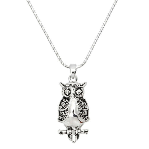 Owl Necklace Spoon Metal Tree Floral Jewelry 27mm Charm Wisdom Eyes SILVER - PalmTreeSky