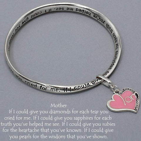 Mom Heart Charm Bangle Bracelet SILVER Mother Love Inspiration Message Jewelry - PalmTreeSky