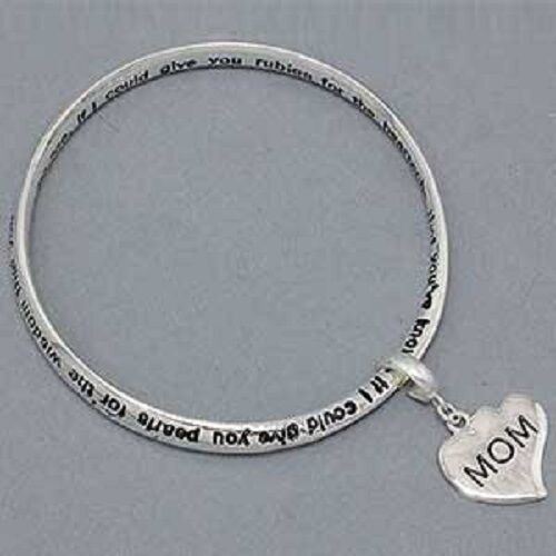 Mom Heart Charm Bangle Bracelet SILVER Mother Love Inspiration Message Jewelry - PalmTreeSky