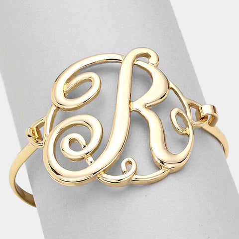 Monogram Initial Bangle Bracelet GOLD 1.75" Hinge Bangle Metal Jewelry Letter R - PalmTreeSky