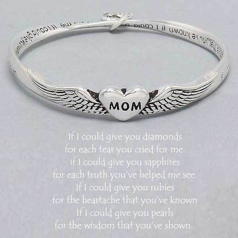 Mom Bracelet SILVER Heart Wings Twisted Bangle Mom Charm Inspirational Jewelry - PalmTreeSky