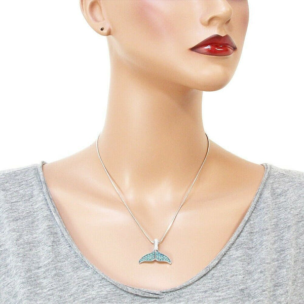 Mermaid Necklace Whale Tail Pendant Pave Rhinestone Sea Swim SILVER TURQUOISE - PalmTreeSky