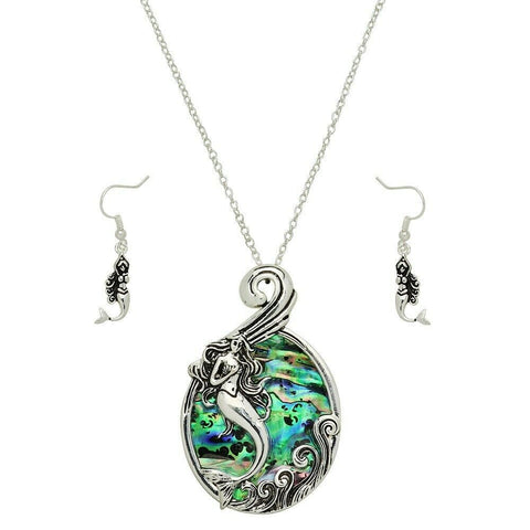 Mermaid Necklace SET Abalone Shell Teardrop Swirl Fish Sea Surfer Beach SILVER - PalmTreeSky