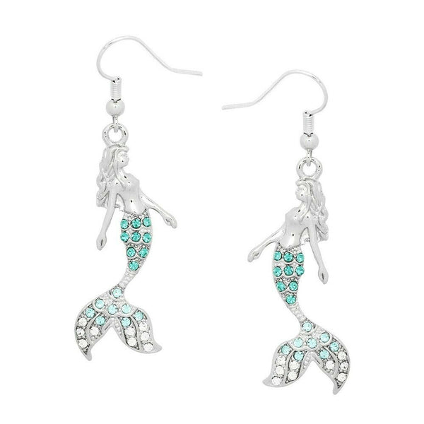 Mermaid Earrings Drop Dangle Rhinestone Beach Sea Life Surf Jewelry SILVER TURQ - PalmTreeSky