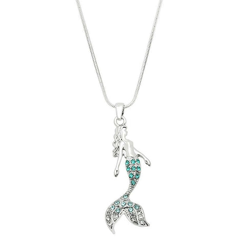 Mermaid Necklace Drop Dangle Rhinestone Beach Sea Life Surf Jewelry SILVER AQUA - PalmTreeSky
