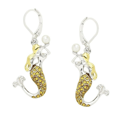 Mermaid Earrings Drop Dangle Rhinestone Leverback Pearl Sea Life SILVER YELLOW - PalmTreeSky