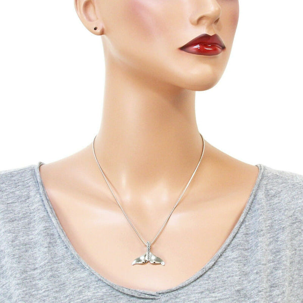 Mermaid Necklace Whale Tail Droplet Pave Center Metal Sea Swim SILVER CLEAR - PalmTreeSky