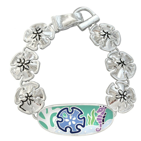 Magnetic Bracelet Sand Dollar Metal SILVER Enamel Painted Ocean Beach Jewelry - PalmTreeSky