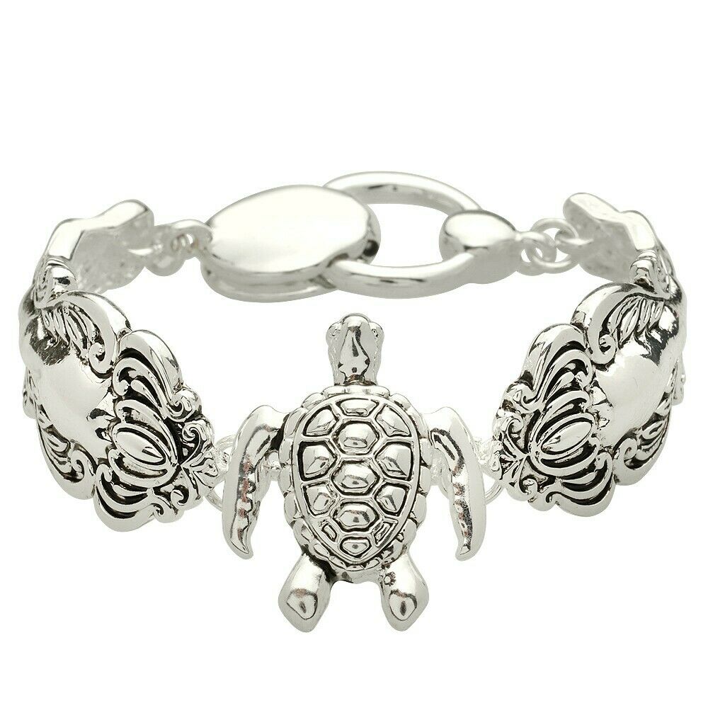 Magnetic Bracelet Spoon Bangle SILVER Flower Filigree Metal Sea Turtle Jewelry - PalmTreeSky