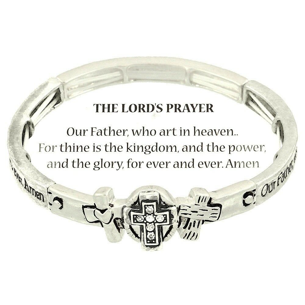 Lords Prayer Bracelet Our Father Kingdom Love SILVER Cross Religious Jewelry - PalmTreeSky