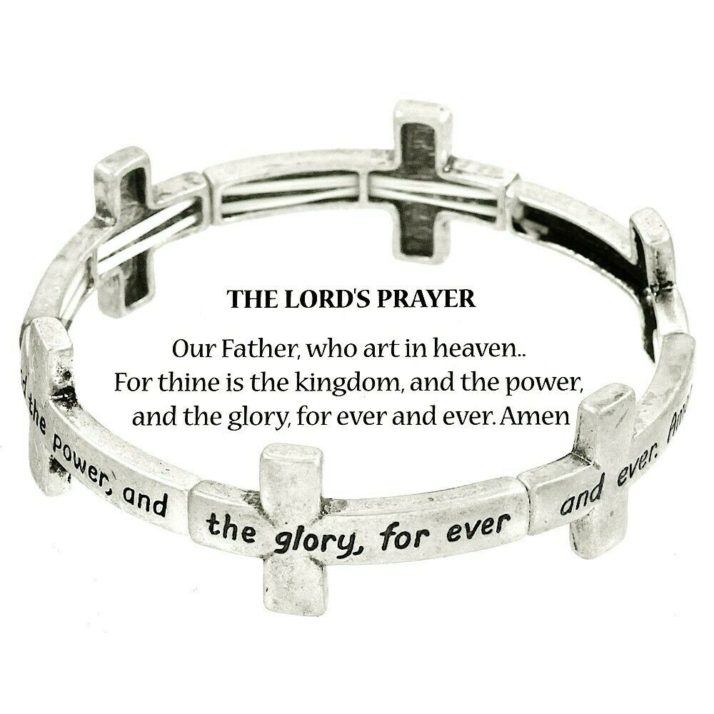 Lord's Prayer Bracelet Cross Stretch Our Father Kingdom Religious BURNISH SILVER - PalmTreeSky