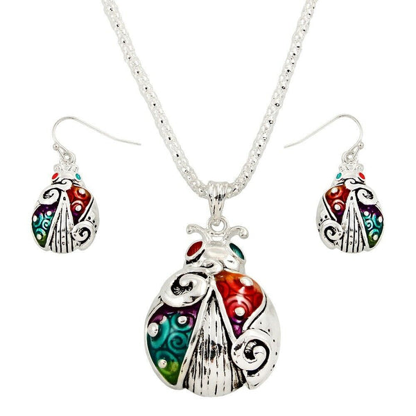 Lady Bug Necklace Pendant Set Mesh Chain Chunky SILVER MULTI Nature Tree Jewelry - PalmTreeSky