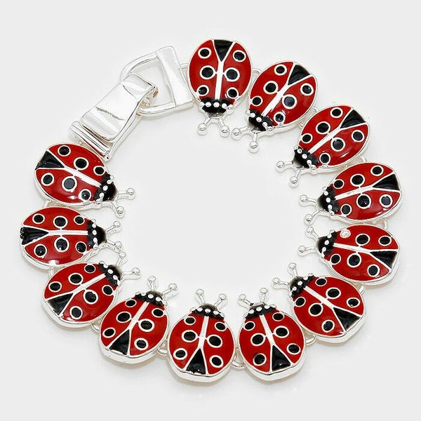 Lady Bug Bracelet Magnetic Clasp Metal Link Butterfly SILVER MULTI Leaf Tree - PalmTreeSky