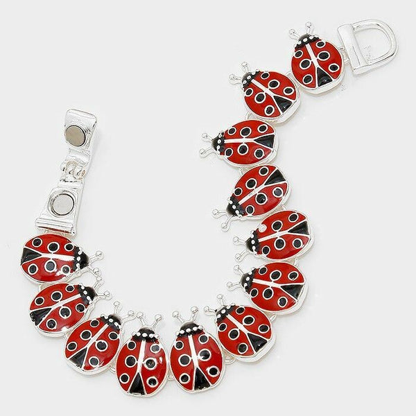 Lady Bug Bracelet Magnetic Clasp Metal Link Butterfly SILVER MULTI Leaf Tree - PalmTreeSky